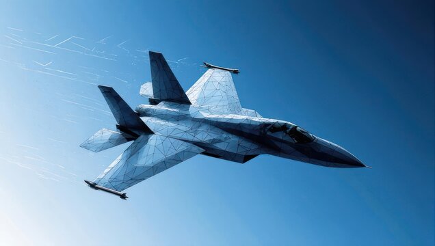 Stylized image of a modern fighter jet soaring through a vibrant blue sky