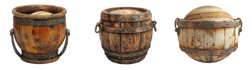 Fototapeta premium Three antique wooden buckets with metal bands and handles, isolated on transparent background