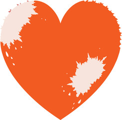 An orange heart with jagged edges, faded spots, and distressed textures expressing a raw and unrefined aesthetic of love