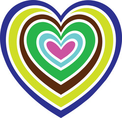 Colorful Concentric Hearts A Vibrant and Playful Design Featuring Layers of Blue, Yellow, Brown, Green, Cyan, and Pink