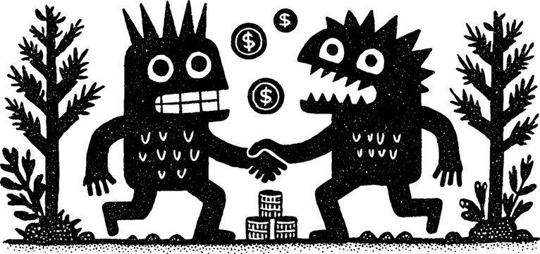 Tribal folk art scene of agreement in blackwork illustration style