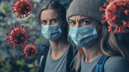 Two young women wearing protective face mask and knit hat look worried amid floating virus particles, social distancing concern and health precaution mood