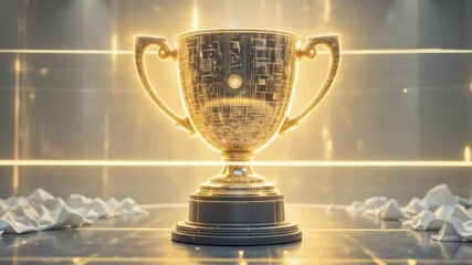 Digital trophy, beautiful gold glowing lines. 4k video - Powered by Adobe