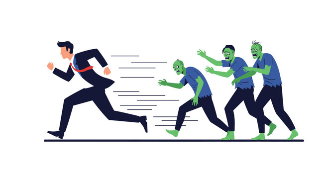 Businessman running away from zombies in a chase scene.