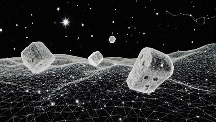 Surreal digital artwork of dice floating above a wireframe terrain under a starry night sky