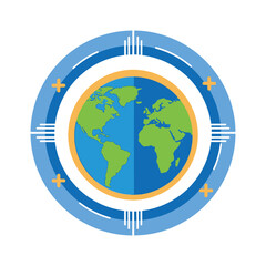 Earth Globe Icon with Circle Frame world planet illustration geography map continents africa europe america blue green yellow global