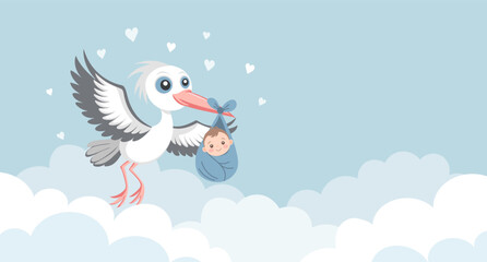 Baby shower invitation banner with stork carrying cute baby in bag on blue sky background for greeting card, baby album, boy birthday party, poster.