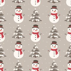 Christmas Seamless pattern with a cute snowman and Christmas tree. Winter holiday background.