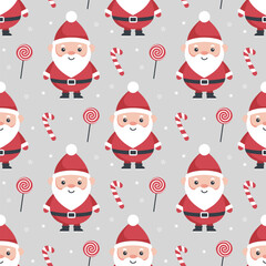 Christmas Seamless pattern with Santa Claus and  candy canes. Winter holiday background.