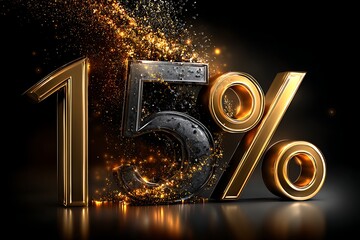 Sci-fi “15%” with galactic glow and gold stardust, 8K render