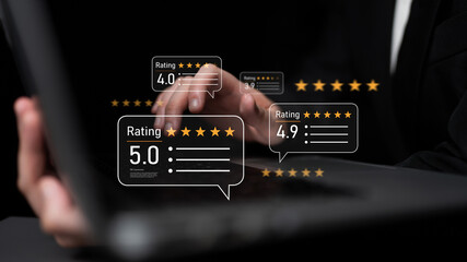 Customer centric review and rating system supports product review, digital rating concept, and...