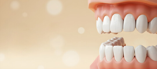 Fototapeta premium Perfect white teeth and gums in a 3d model of a human jaw. Dental health and hygiene concept, for dentist and dental clinic advertising. Banner with copy space