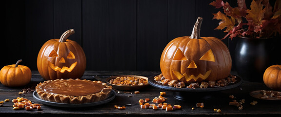Composizione di Halloween con torte e caramelle, affiancata da zucche intagliate e decorate, su un tavolo di legno scuro.