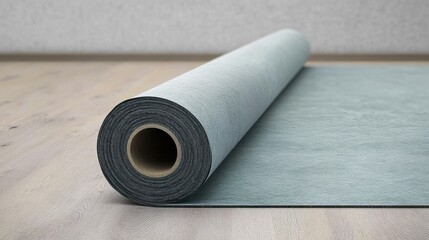 Roll of gray fabric on a wooden floor. the roll is cylindrical in shape and appears to be made of a soft, textured material.