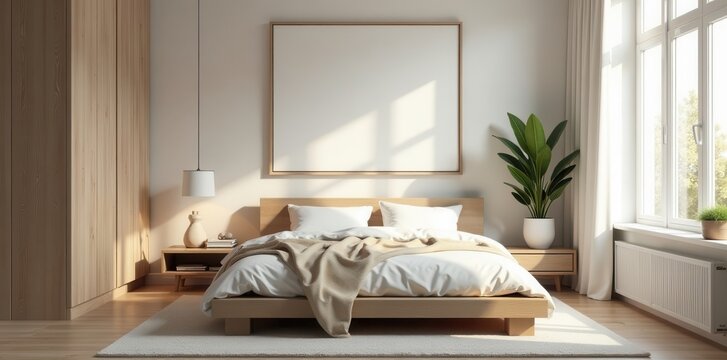 Minimalist bedroom frame mockup, interior scene, simple, white