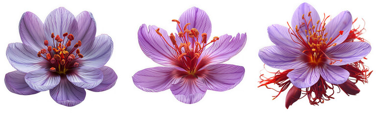 Three delicate purple flowers with orange centers isolated on transparent background