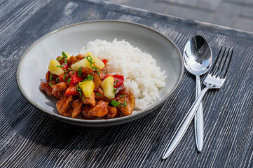 Chicken with pineapple in teriyaki sauce with fried rice. 