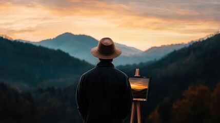 Person standing in front of an easel with an oil painting on it. the person is wearing a black jacket and a brown hat, and is facing away from the camera.