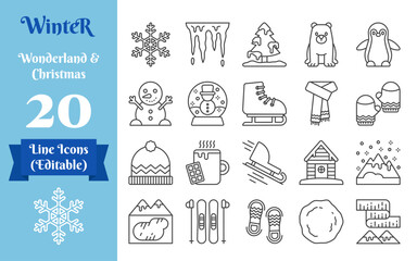 Winter Wonderland and Christmas. Editable minimal line icon set of 20 cozy winter and holiday symbols, perfect for seasonal greeting cards, web design, posters, and festive branding.