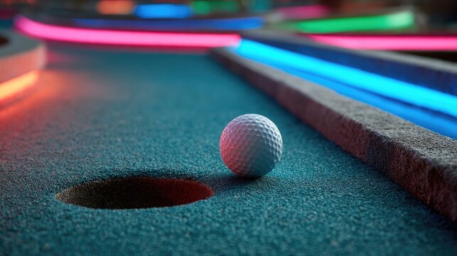 Golf ball near hole at mini golf course