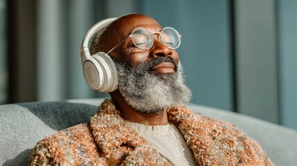 Elderly man enjoying music with headphones