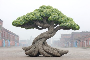 Beautiful twisted tree sculpture located in an urban area surrounded by old buildings and fog