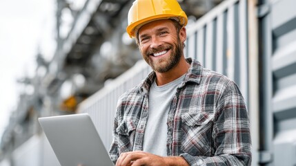 Smiling construction worker with laptop