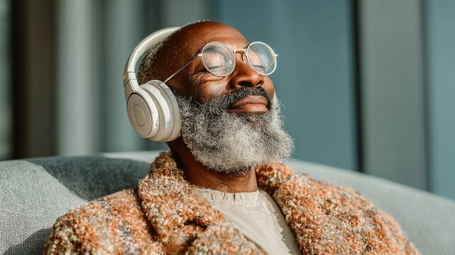 Elderly man enjoying music with headphones