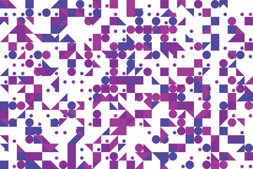 Abstract Geometric Pattern with Circles Squares and Triangles in Purple and Blue Tones on White Background