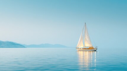 Obraz premium Sailboat on calm blue sea with soft light