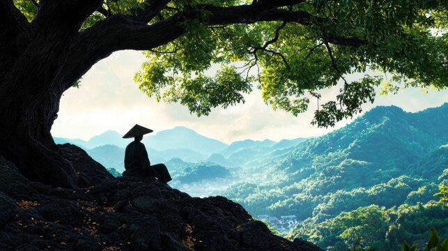 Person sitting on a rocky cliff overlooking a beautiful landscape. the person is wearing a traditional conical hat and is sitting on the edge of the cliff, looking out at the view. - Powered by Adobe