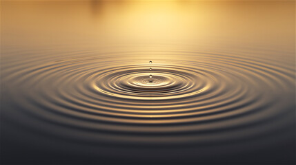 Fototapeta premium Golden water surface with circular ripples and sunlight reflection, symbolizing peace, calmness and natural beauty.