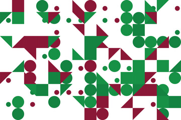 Abstract Geometric Pattern with Circles Squares and Triangles in Festive Green and Maroon Colors on White Background