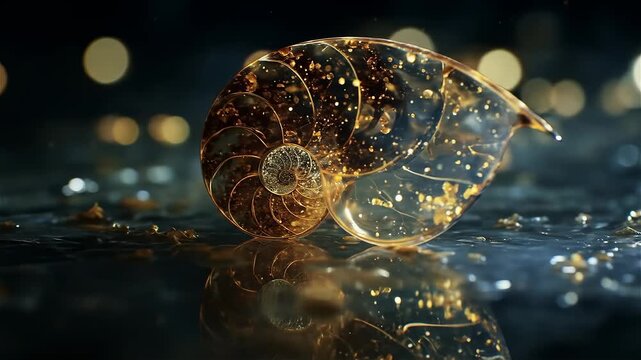 Shimmering beauty of a golden nautilus shell resting on a reflective surface amidst sparkling light effects