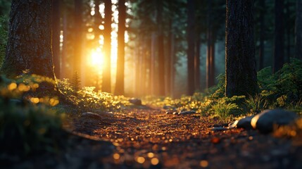 Beautiful landscape of a forest at sunrise or sunset. the sun is shining through the trees, creating a warm glow that illuminates the scene.