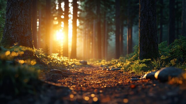 Beautiful landscape of a forest at sunrise or sunset. the sun is shining through the trees, creating a warm glow that illuminates the scene.