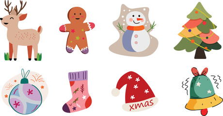 Cute Christmas cartoon clipart collection with reindeer, gingerbread man, snowman, christmas tree, ornament, stocking, santa hat, and jingle bell on white background holiday stickers 