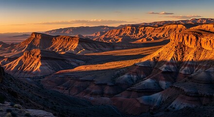 Dramatic desert landscape with mesas bathed in golden light at sunrise or sunset