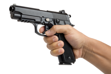 Close-up of hand holding black pistol, weapon isolated on transparent background for educational or safety content