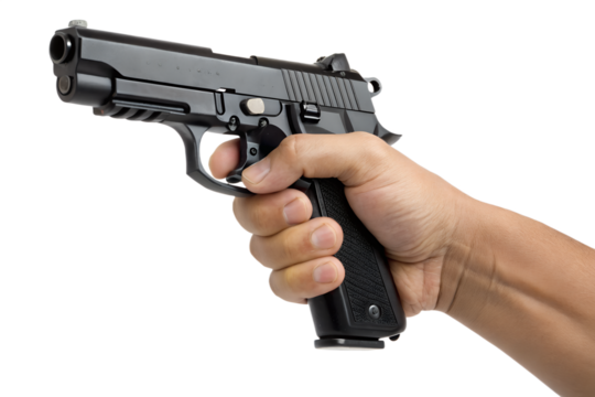Close-up of hand holding black pistol, weapon isolated on transparent background for educational or safety content
