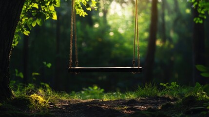 Wooden swing hanging from a tree in a forest. the swing is suspended between two trees with green leaves, and the sunlight is shining through the trees, creating a dappled effect on the ground below.