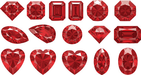 Red gemstone cut comparison, faceted shapes, jewelry design reference, gemology chart, vector illustration, brilliant stones
