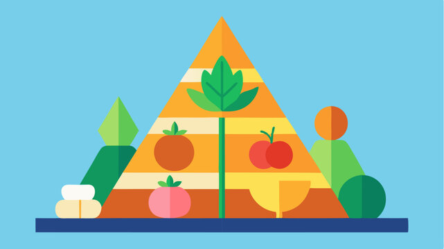 A stylized representation of a food pyramid emphasizing plantbased foods at the base with vibrant colors representing different food groups.