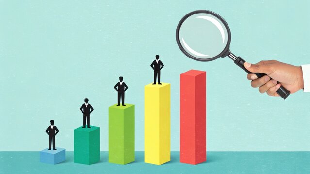 Analyze growth and track performance with hand holding magnifying glass over bar chart and business figures for market research and business strategy