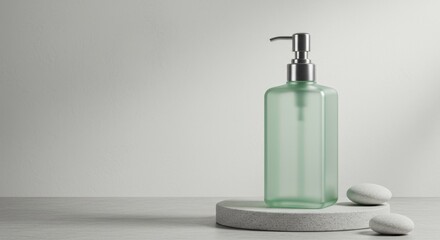 Minimalist Stone Platform with Sage Green Soap Dispenser Mockup
