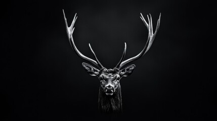 Black and white photograph of a deer's head. the deer is facing towards the right side of the image, with its head turned slightly to the left.