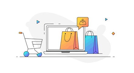 Creative vector illustration representing the concept of online shopping, featuring a laptop with colorful shopping bags and a cart for e-commerce