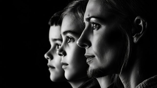 Black and white portrait of a mother and her two sons. the mother is on the right side of the image, facing away from the camera, with her head turned slightly to the left.