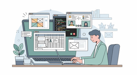 Fototapeta premium Man Working at Computer with Multiple Screens and Applications.