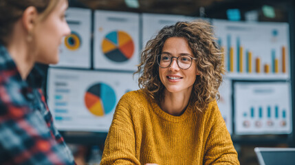 A smiling businesswoman with curly hair and glasses discusses data in a modern office. Background screens display various financial charts and graphs during a productive collaboration.